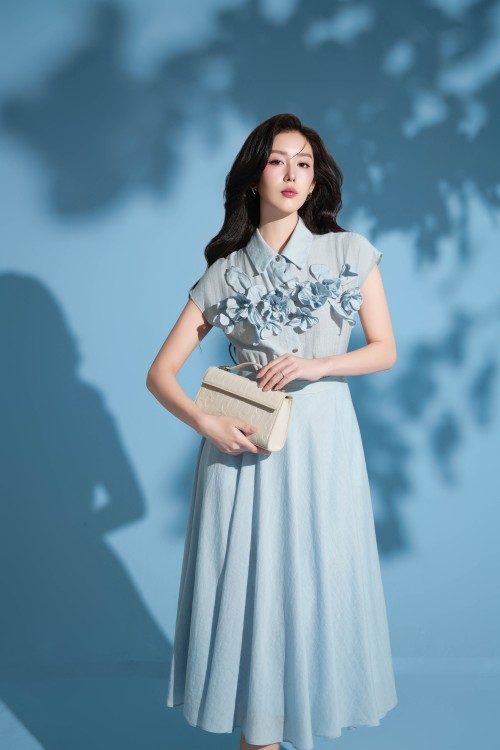 Sixdo Light Blue 3D Flower Organza Flared Dress